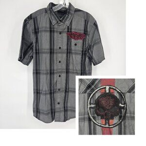 Harley-Davidson Shirt Mens Medium Plaid Motor Clothes Skull Patch Biker Western